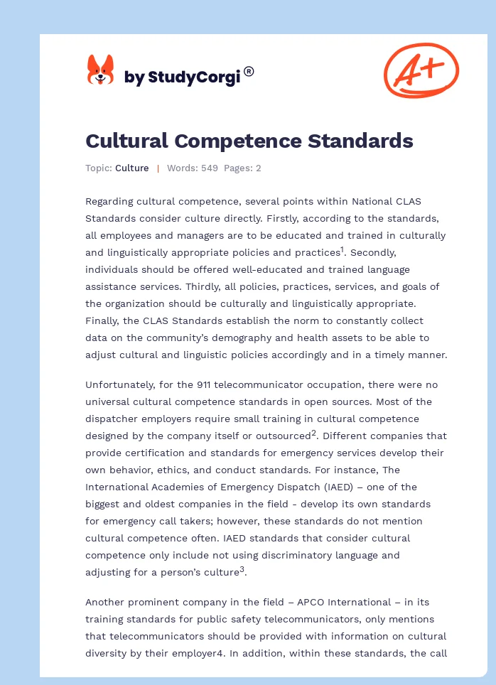 Cultural Competence Standards. Page 1