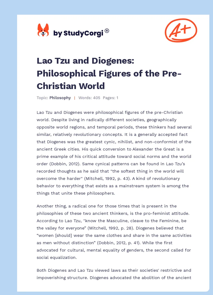 Lao Tzu and Diogenes: Philosophical Figures of the Pre-Christian World. Page 1