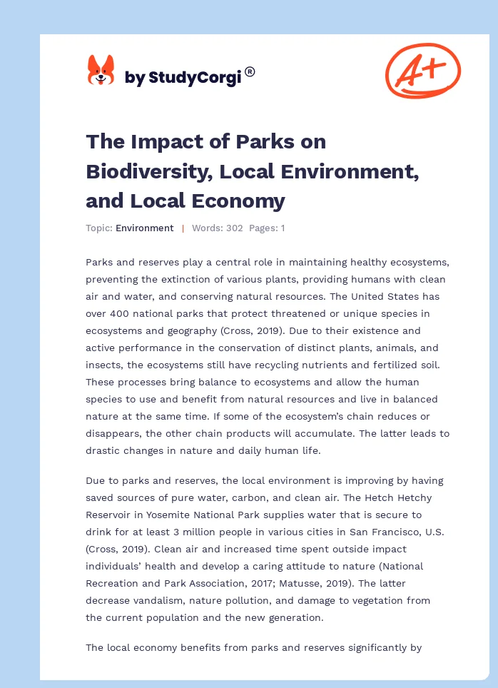 The Impact of Parks on Biodiversity, Local Environment, and Local Economy. Page 1