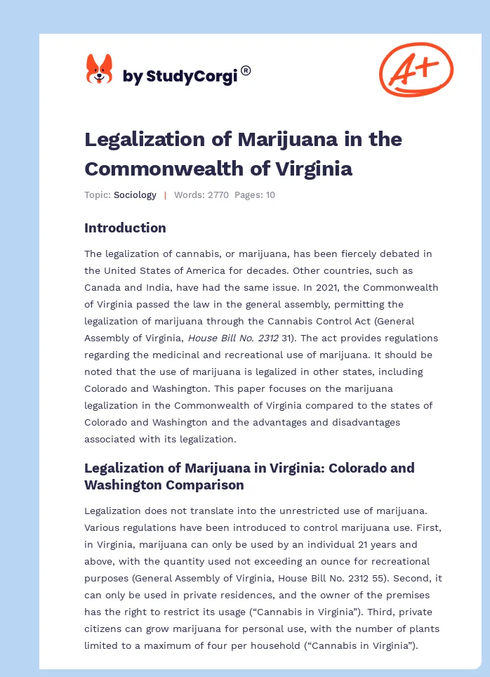 Legalization of Marijuana in the Commonwealth of Virginia. Page 1