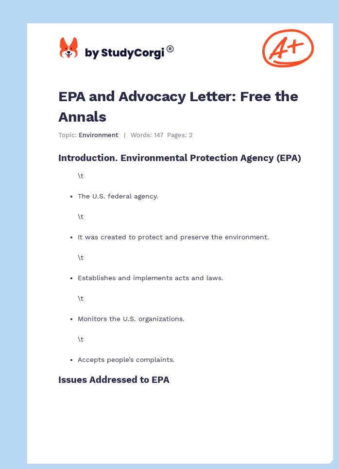 EPA and Advocacy Letter: Free the Annals. Page 1