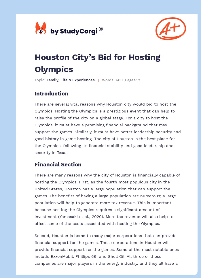 Houston City’s Bid for Hosting Olympics. Page 1