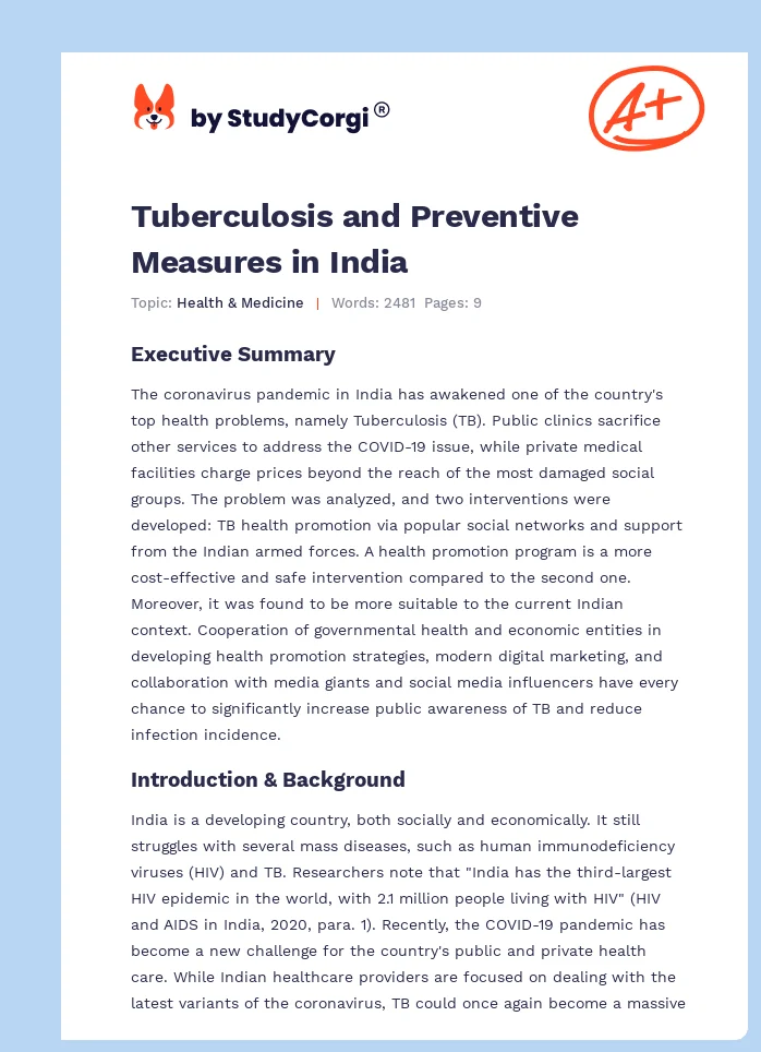 Tuberculosis and Preventive Measures in India. Page 1