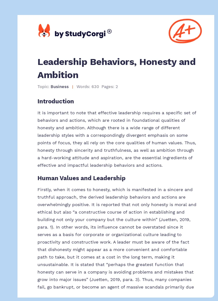 Leadership Behaviors, Honesty and Ambition. Page 1