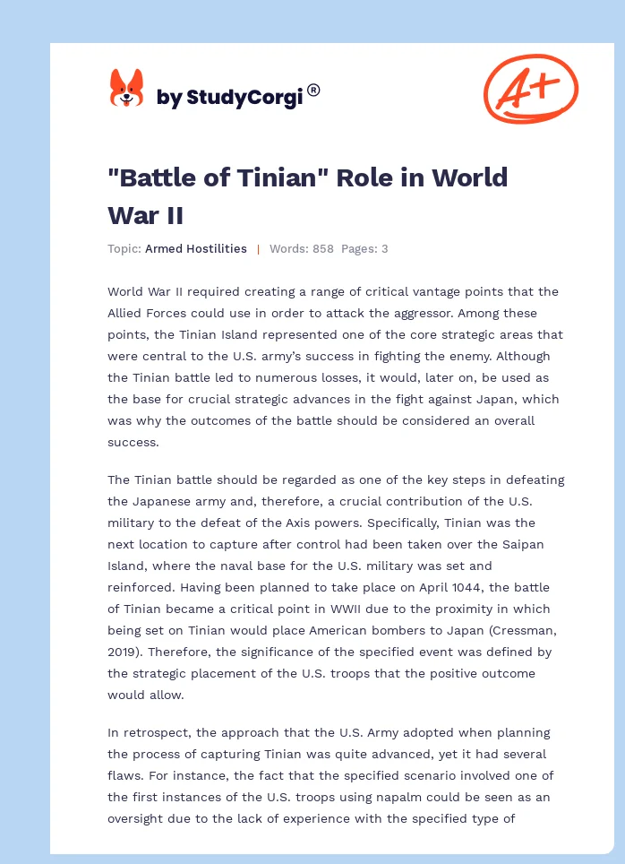 "Battle of Tinian" Role in World War II. Page 1