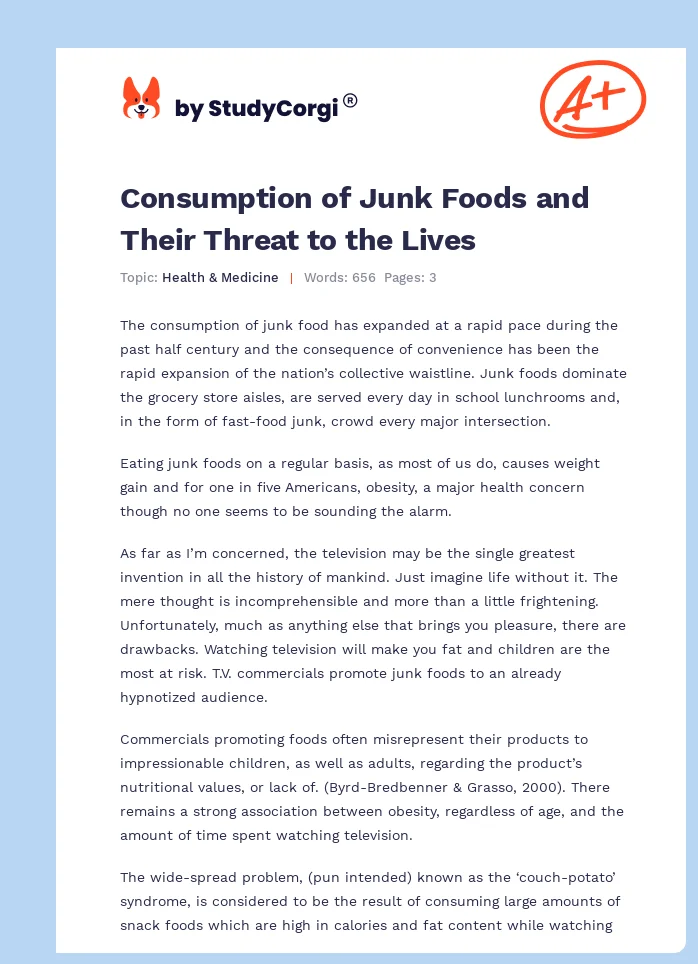 Consumption of Junk Foods and Their Threat to the Lives. Page 1