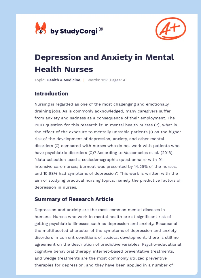 Depression and Anxiety in Mental Health Nurses. Page 1