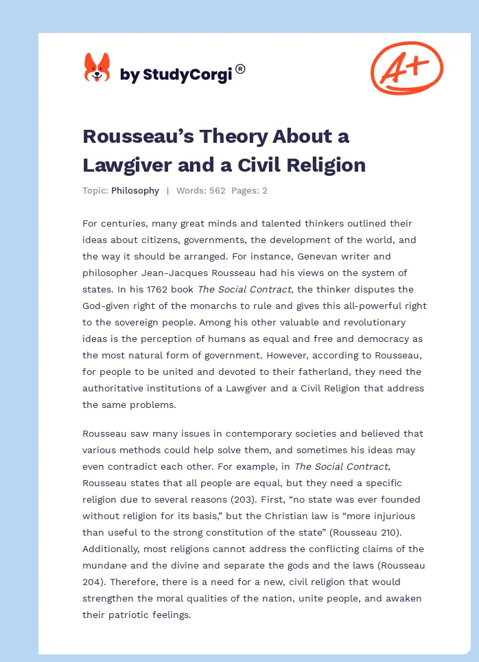 Rousseau’s Theory About a Lawgiver and a Civil Religion. Page 1