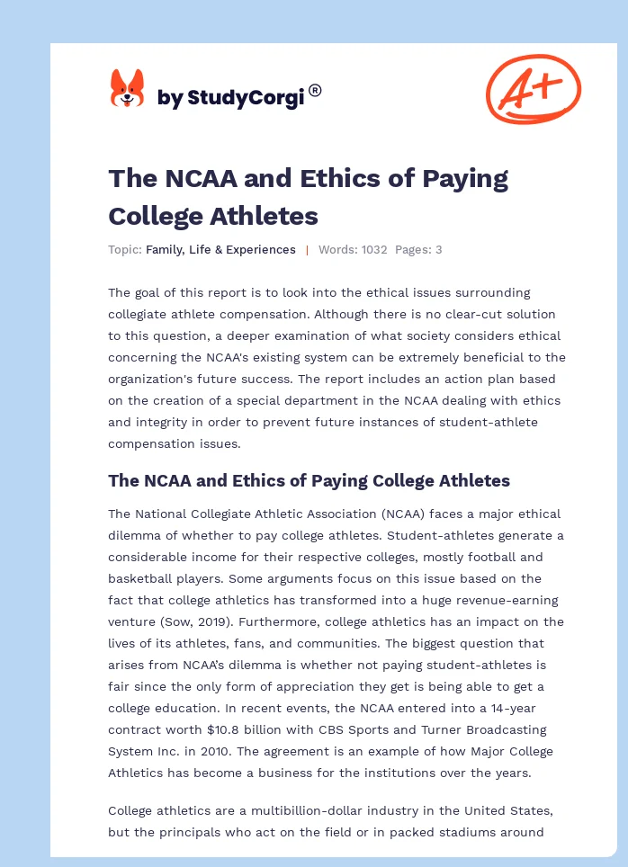 The NCAA and Ethics of Paying College Athletes. Page 1