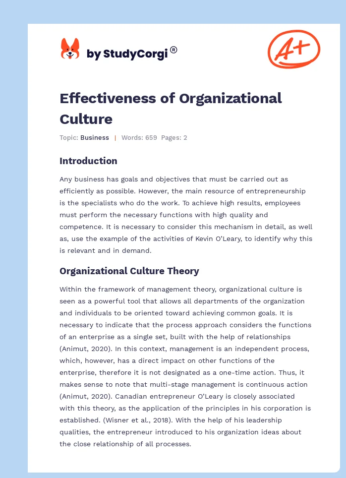 Effectiveness of Organizational Culture. Page 1