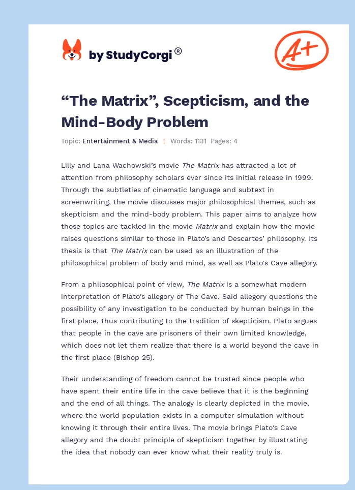 “The Matrix”, Scepticism, and the Mind-Body Problem. Page 1