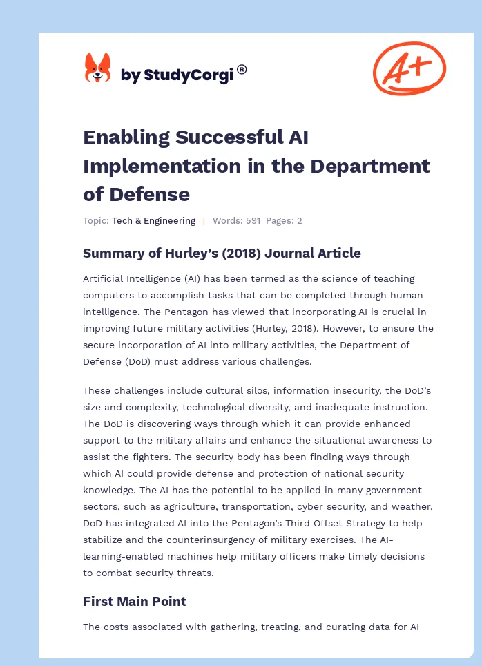 Enabling Successful AI Implementation in the Department of Defense. Page 1