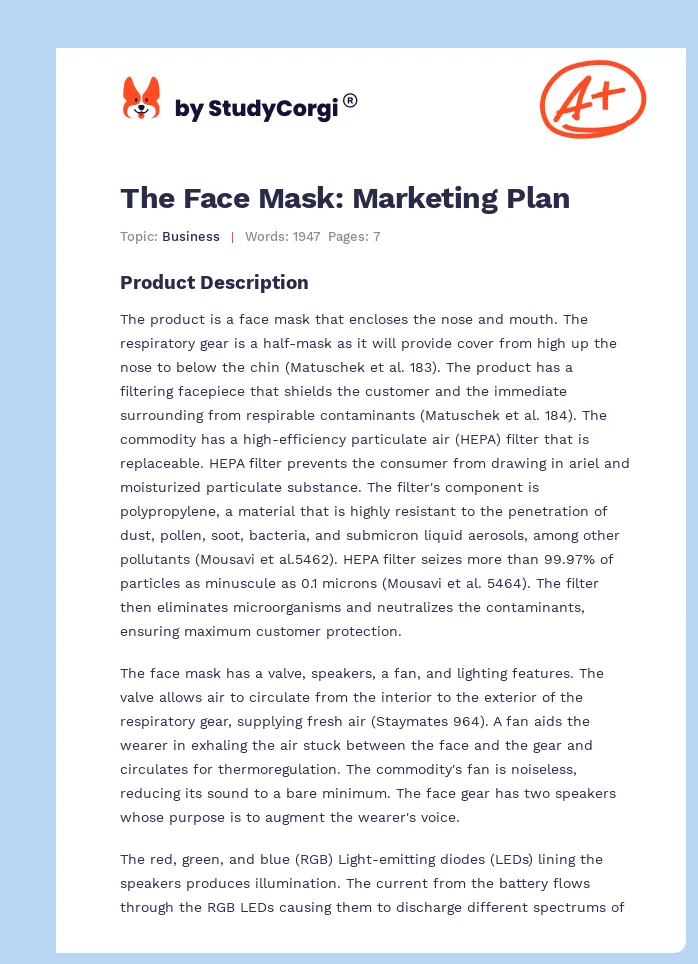 The Face Mask: Marketing Plan. Page 1