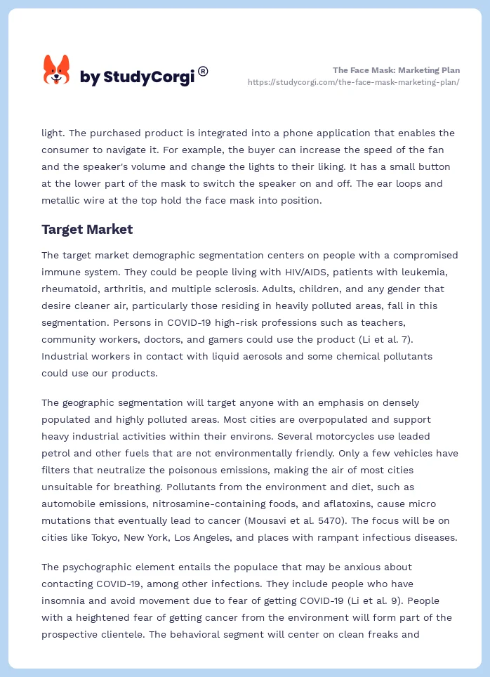 The Face Mask: Marketing Plan. Page 2