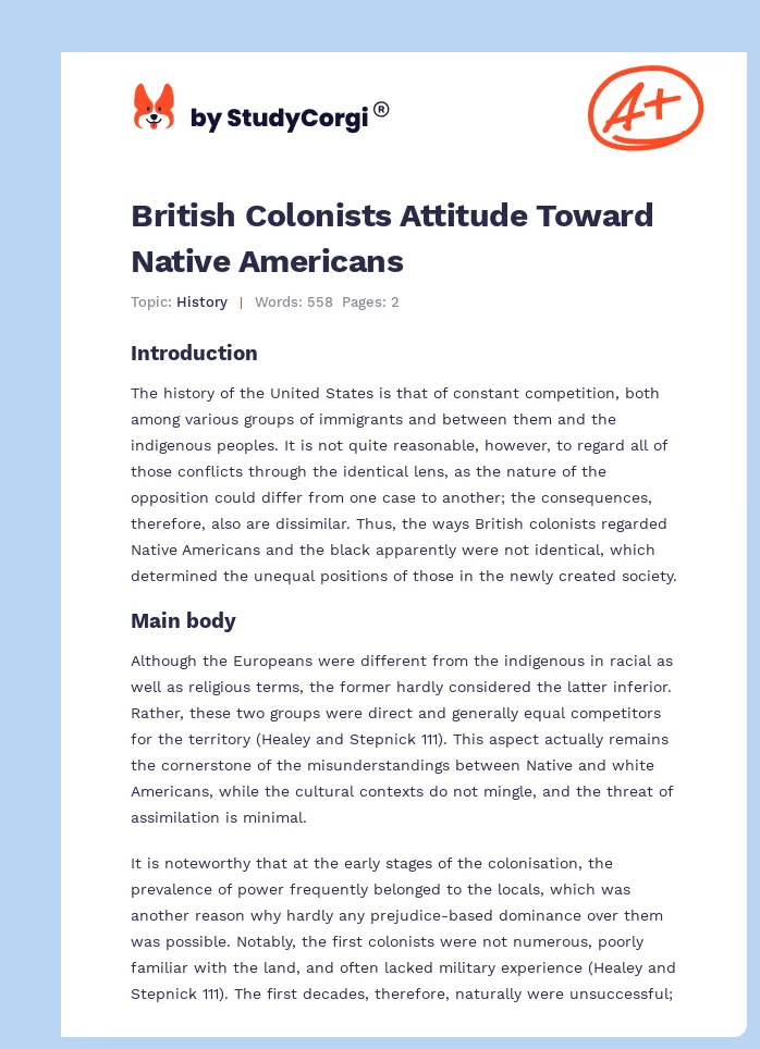 British Colonists Attitude Toward Native Americans. Page 1