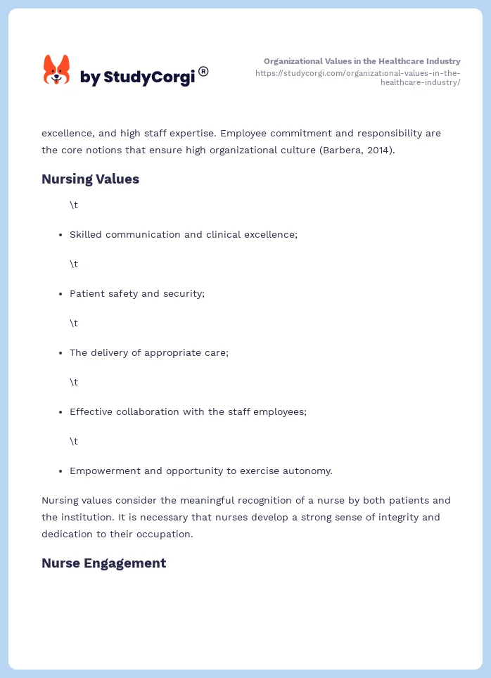 Organizational Values in the Healthcare Industry. Page 2