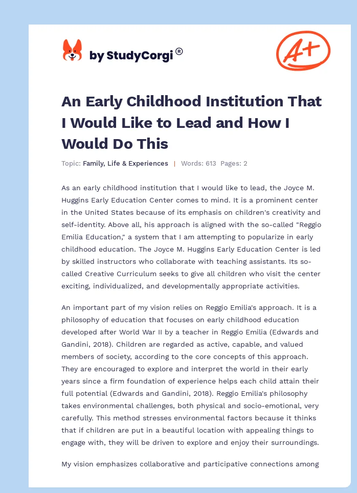 An Early Childhood Institution That I Would Like to Lead and How I Would Do This. Page 1