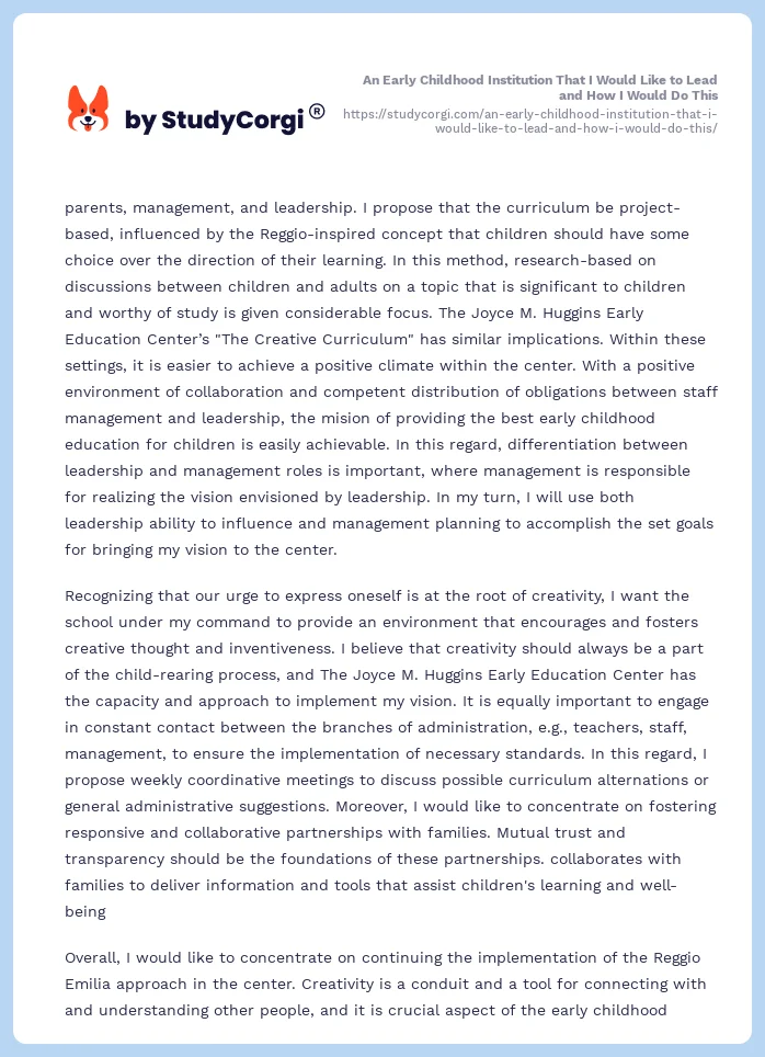 An Early Childhood Institution That I Would Like to Lead and How I Would Do This. Page 2