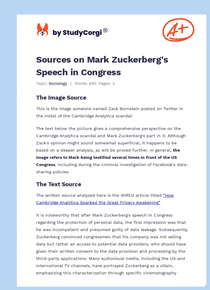 Sources on Mark Zuckerberg's Speech in Congress. Page 1