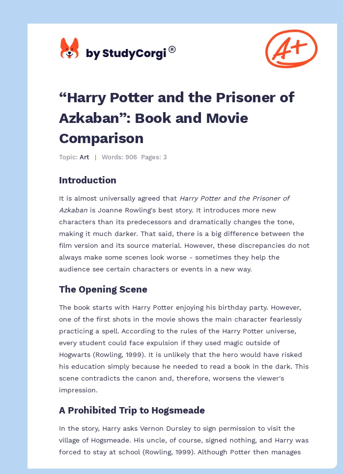 “Harry Potter and the Prisoner of Azkaban”: Book and Movie Comparison. Page 1