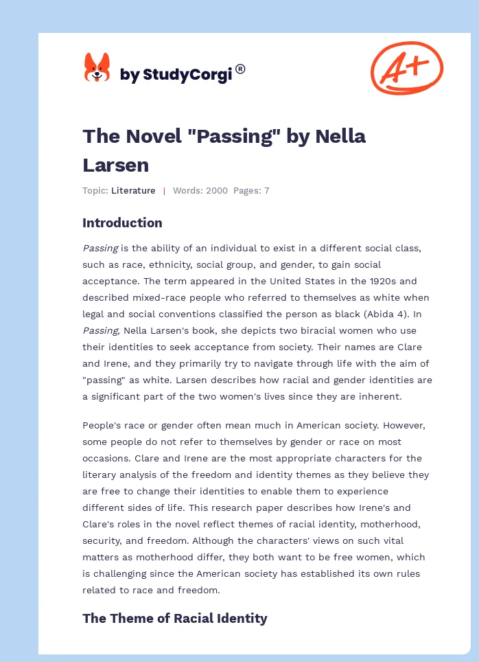 The Novel "Passing" by Nella Larsen. Page 1