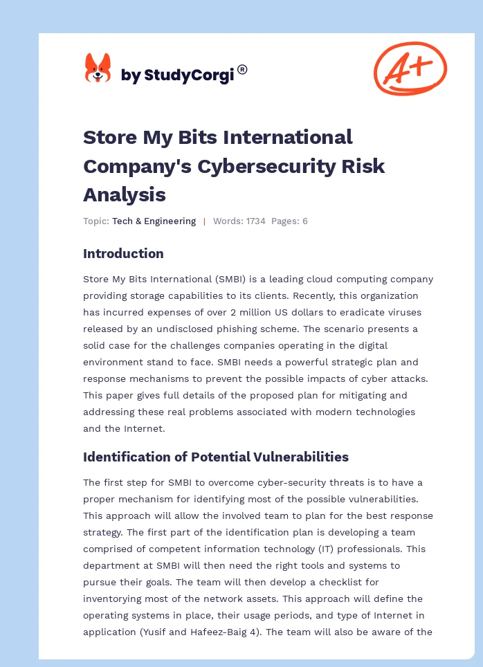 Store My Bits International Company's Cybersecurity Risk Analysis. Page 1