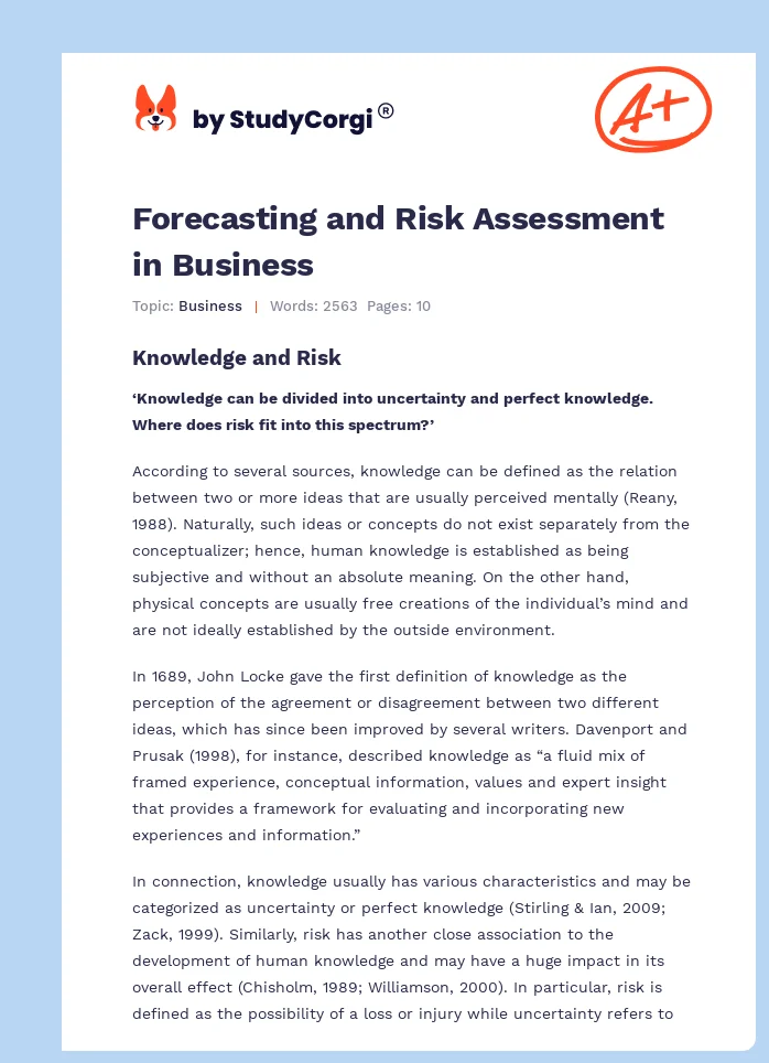 Forecasting and Risk Assessment in Business. Page 1