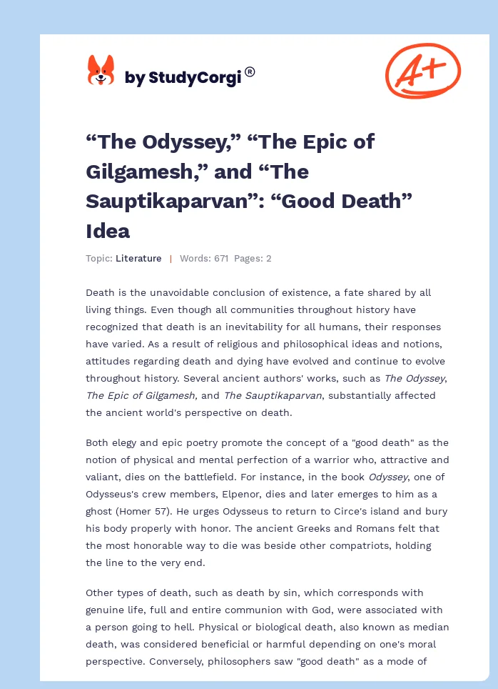 “The Odyssey,” “The Epic of Gilgamesh,” and “The Sauptikaparvan”: “Good Death” Idea. Page 1