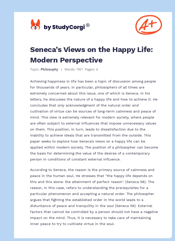 Seneca’s Views on the Happy Life: Modern Perspective. Page 1