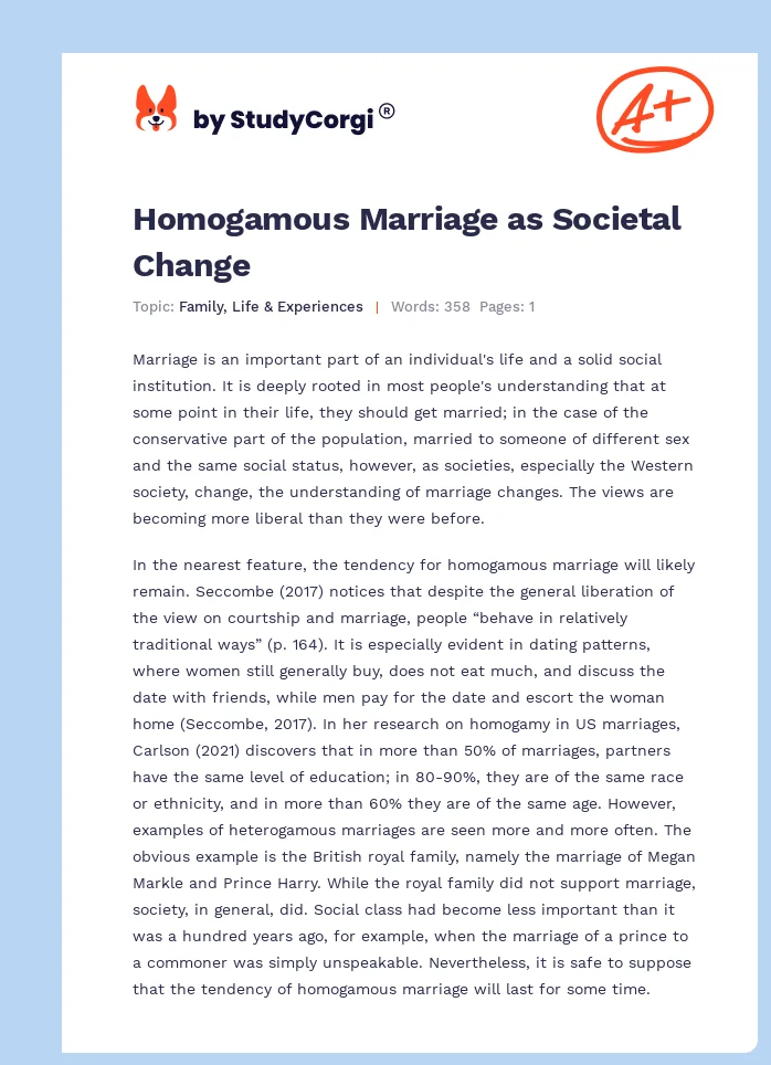 Homogamous Marriage as Societal Change. Page 1