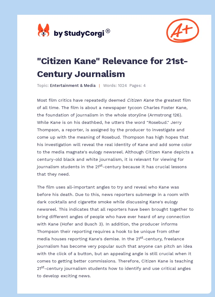 "Citizen Kane" Relevance for 21st-Century Journalism. Page 1