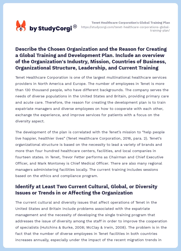 Tenet Healthcare Corporation's Global Training Plan. Page 2