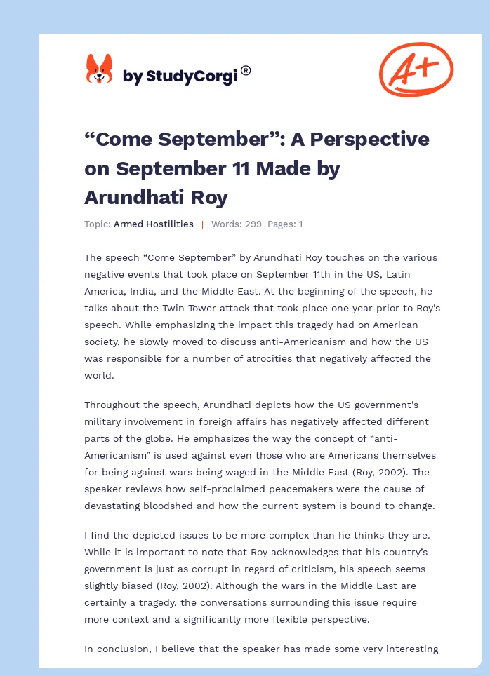 “Come September”: A Perspective on September 11 Made by Arundhati Roy. Page 1