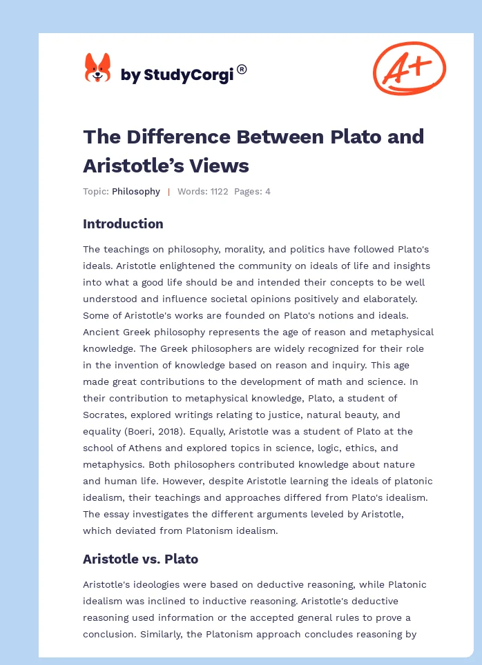 The Difference Between Plato and Aristotle’s Views. Page 1