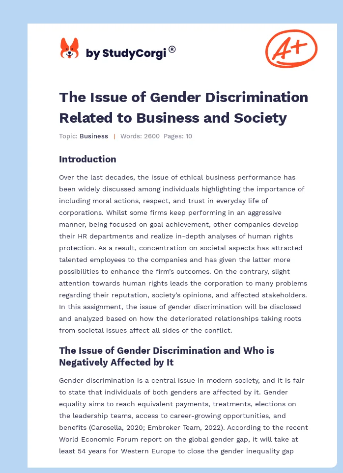 The Issue of Gender Discrimination Related to Business and Society. Page 1
