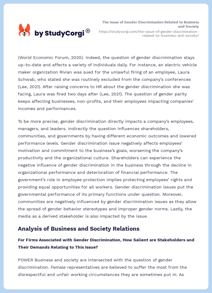 The Issue of Gender Discrimination Related to Business and Society. Page 2