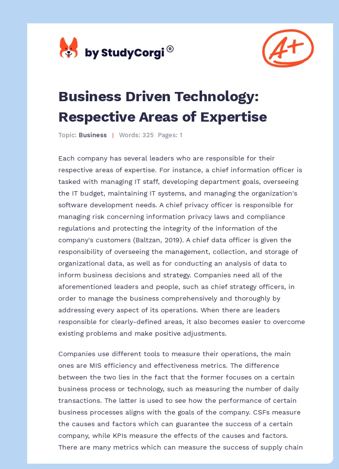 Business Driven Technology: Respective Areas of Expertise. Page 1