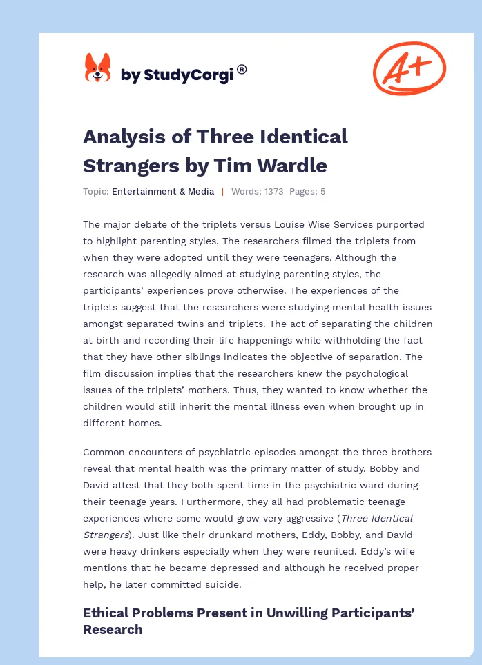 Analysis of Three Identical Strangers by Tim Wardle. Page 1