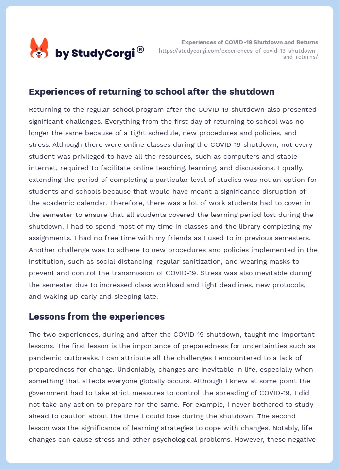 Experiences of COVID-19 Shutdown and Returns. Page 2