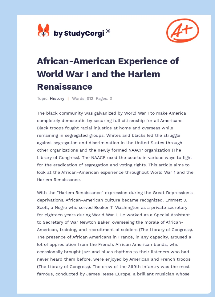 African-American Experience of World War I and the Harlem Renaissance. Page 1