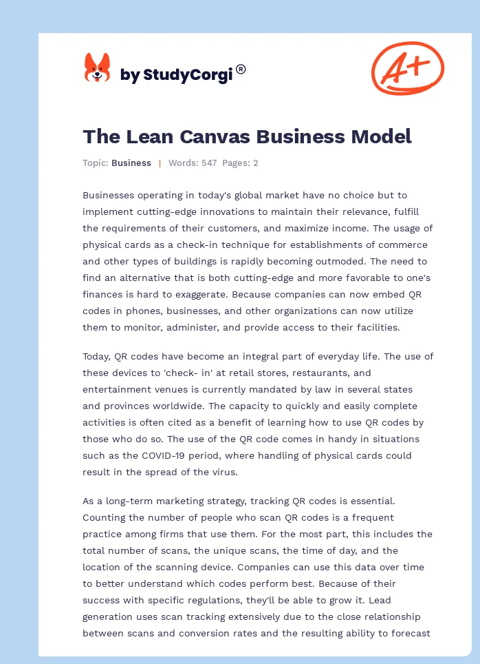 The Lean Canvas Business Model. Page 1