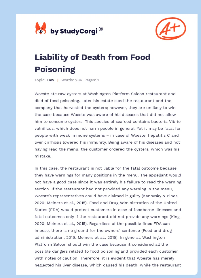 Liability of Death from Food Poisoning. Page 1