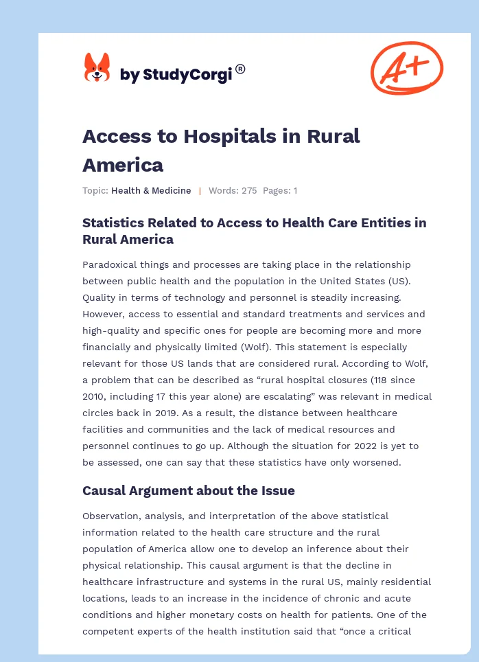 Access to Hospitals in Rural America. Page 1