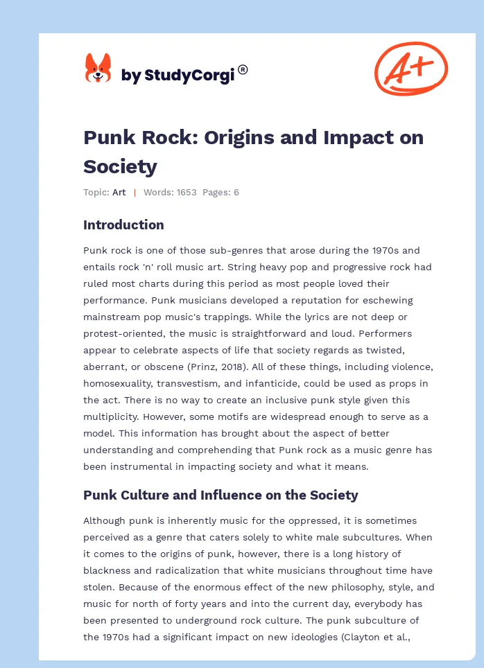 Punk Rock: Origins and Impact on Society. Page 1