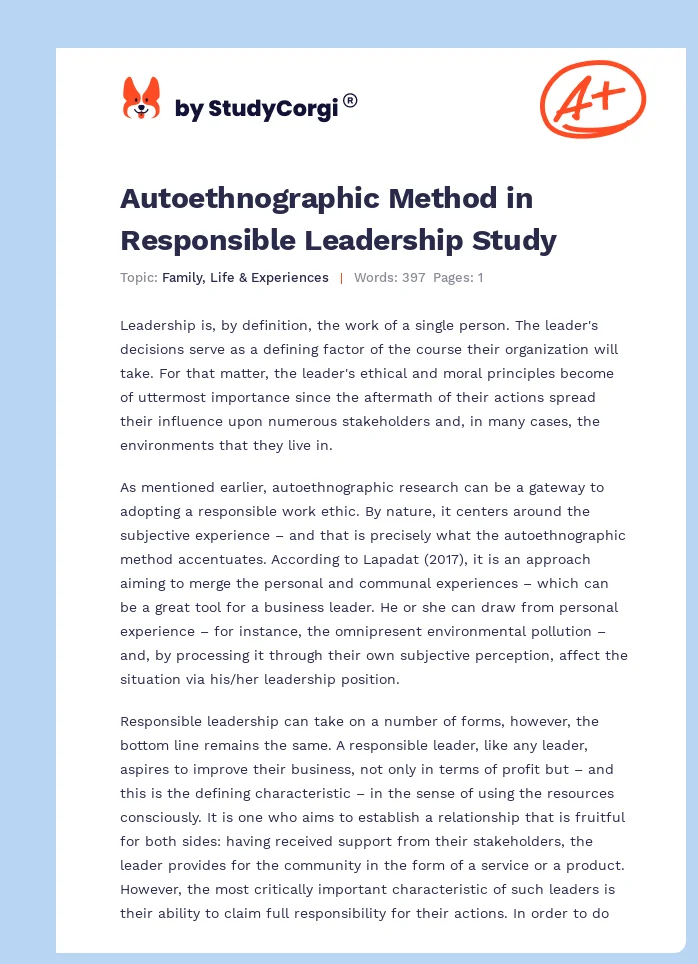 Autoethnographic Method in Responsible Leadership Study. Page 1