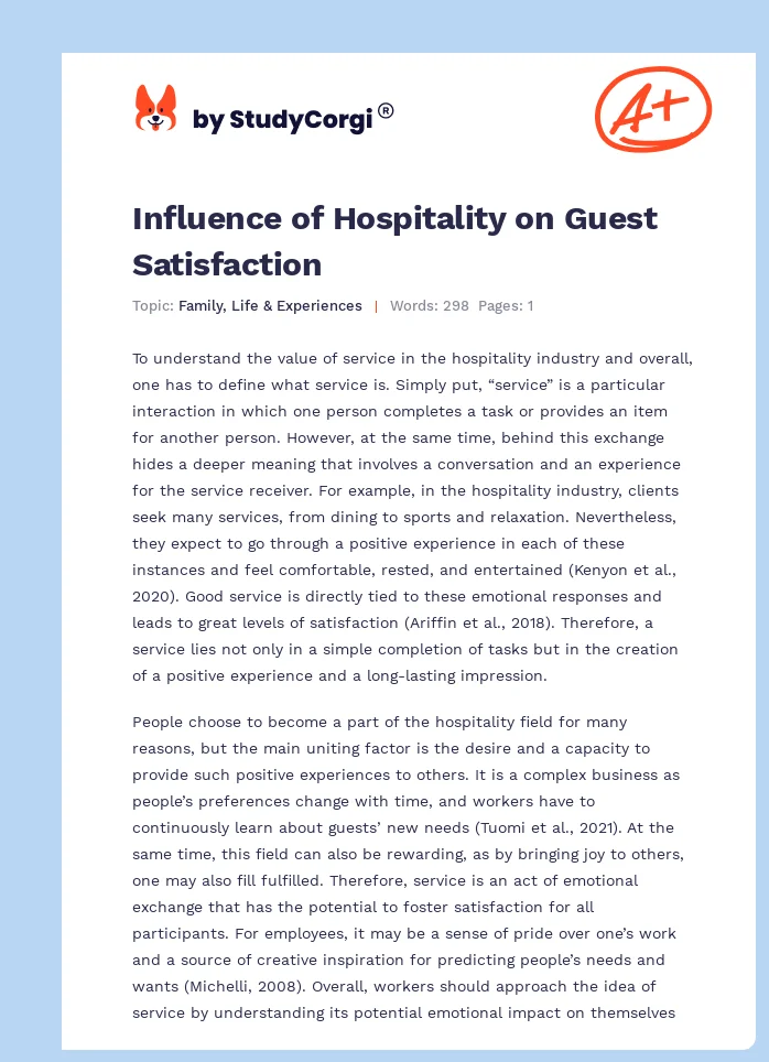 Influence of Hospitality on Guest Satisfaction. Page 1
