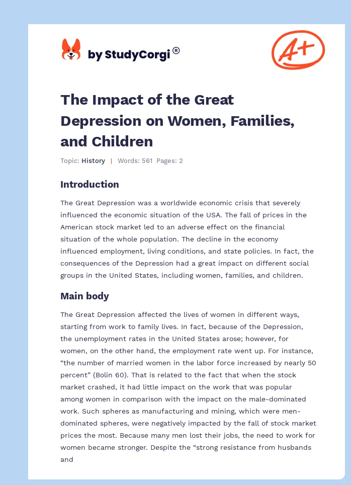 The Impact of the Great Depression on Women, Families, and Children. Page 1