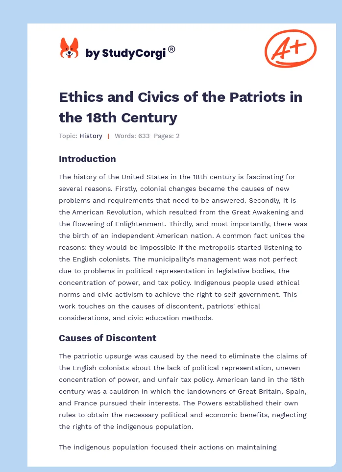 Ethics and Civics of the Patriots in the 18th Century. Page 1