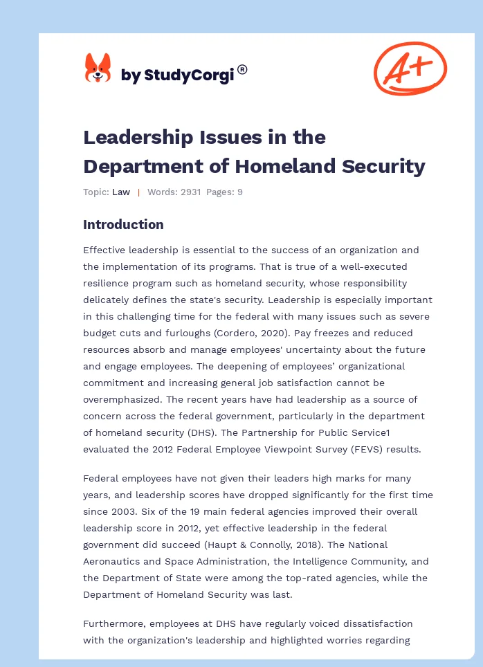 Leadership Issues in the Department of Homeland Security. Page 1