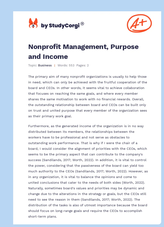 Nonprofit Management, Purpose and Income. Page 1